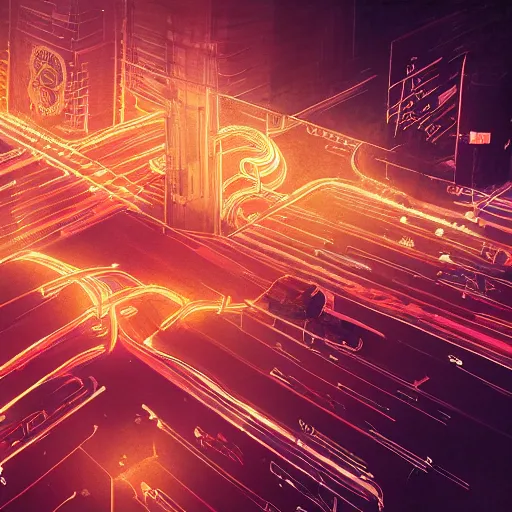 Prompt: detailed intricate digital illustration by greg rutkowski and artgerm and wlop and sanford robinson gifford ; glowing anatomically correct human veins loom over city intersection ; 1 3 mm film, arri alfa anamorphic lens ; long exposure, sharp focus ; golden hour, trending on artstation 8 k