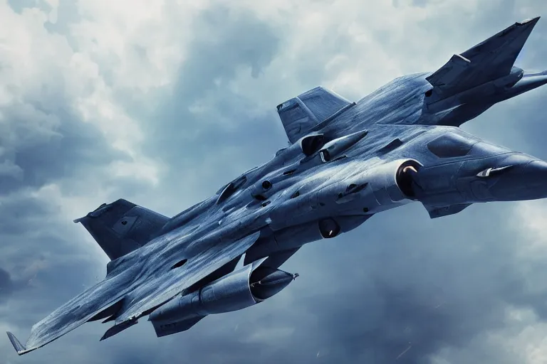 Image similar to a futuristic fighter aircraft, worn paint, action shot, motion blur, thunderclouds in the background, intricate details, intricate textures, blue tint, realistc octane render, hyper realistic render, volumetric shading, depth of field, soft lighting, 8k