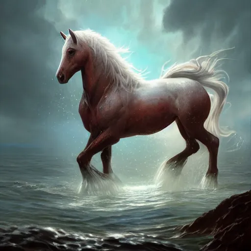 Image similar to a fantastical small horse made of water, liquid, fluid and foam, ethereal, noble, radiant, hyperalism, scottish folklore, digital painting, artstation, concept art, smooth, 8 k frostbite 3 engine, ultra detailed, art by artgerm and greg rutkowski and magali villeneuve