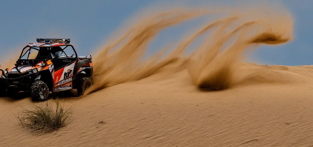 Prompt: action photography of a utv ripping through the dunes, 8 k photography, action sports, oasis in background,