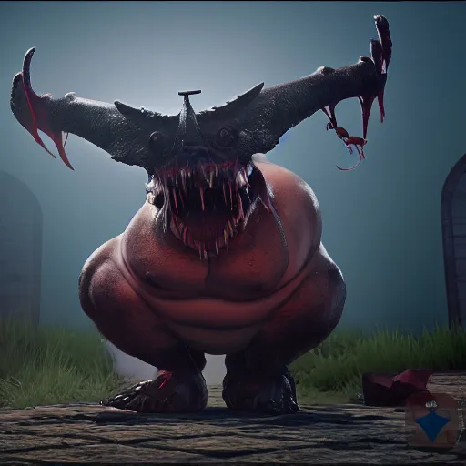 Image similar to fat ripped satanic creature, highly realistic, unreal engine, raytracing, masterpiece