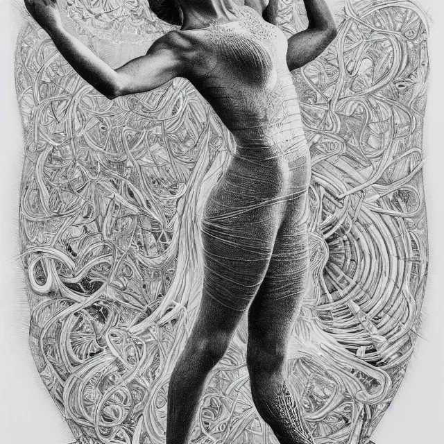 Image similar to hyper detailed bw linear pencil drawing, woman ballet dancer, organic symmetric shapes by ernst haeckel