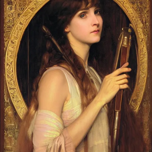 Image similar to portrait of a tired female magician in a business suit holding an oak magic wand intricate portrait by john william waterhouse and Edwin Longsden Long and Theodore Ralli and Henryk Siemiradzki, very coherent iridescent symmetrical artwork. Cinematic, hyper realism, high detail 8k