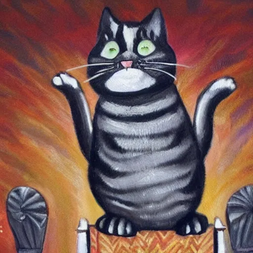 Prompt: highly realistic painting of a proud cat singing opera on a stage