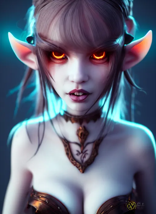 Image similar to imp demon goddess, cute elf ears, strapless dress, character portrait in the style of thomas river and artgerm, cinematic lighting, hyperdetailed, 8 k realistic, symmetrical, global illumination, radiant light,, frostbite 3 engine, cryengine, dof, trending on artstation, digital art, chanel