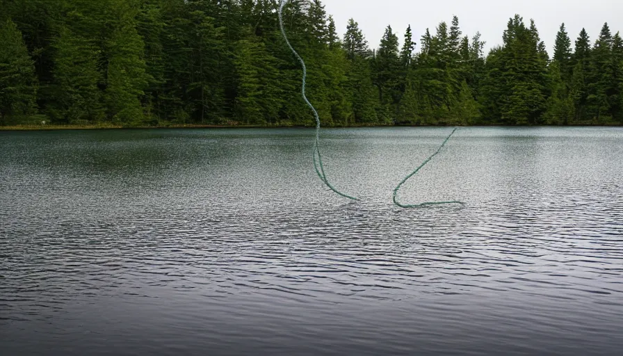 Image similar to photograph of an infinitely long rope floating on the surface of the water, the rope is snaking from the foreground towards the center of the lake, a dark lake on a cloudy day, trees in the background, moody scene, anamorphic lens, kodak color film stock