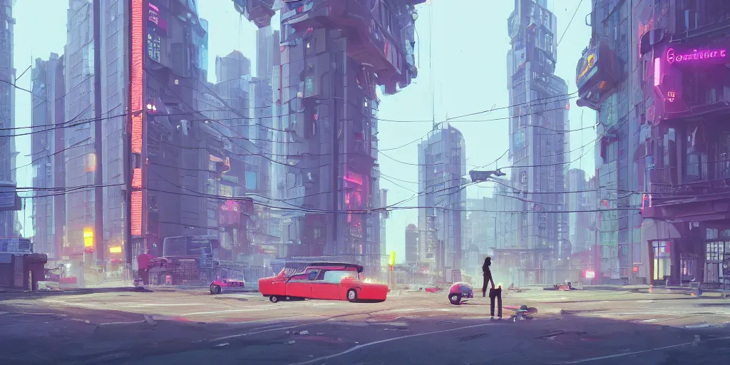 Image similar to city, building, cars, neon lights, dystopia, park tree, people, happy town, close view of street, fish eye view lens , by Goro Fujita and Simon Stalenhag , 8k, trending on artstation, hyper detailed, cinematic