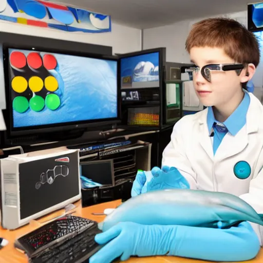 Image similar to A dolphin wearing a chemist outfit playing games on a computer