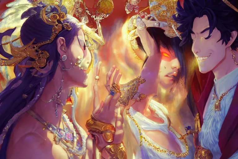 Image similar to close up moment of a divine a japan sun god and a moon goddess lovers magician at a wedding banquet, highly detailed, d & d, fantasy, 4 k realistic, digital painting, trending on artstation, concept art, sharp focus, illustration, art by makoto shinkai and akihiko yoshida and daniel gerhartz