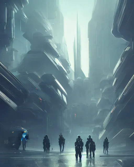 Image similar to A muted color painting of humanoid Aliens of the Sun on a space planet environment with futuristic city and vehicles, inspired by greg rutkowski and Keith Mallett, digital art, extremely moody lighting, glowing light and shadow, atmospheric, shadowy, cinematic