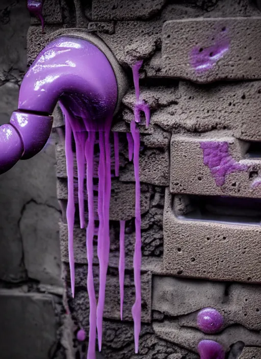 Prompt: intricate faucet with purple slime coming out of it, attached to a brick wall, the slime is oozing on the ground next to the faucet. Very detailed 8k. Fantasy cyberpunk. Sharp. Cinematic post-processing