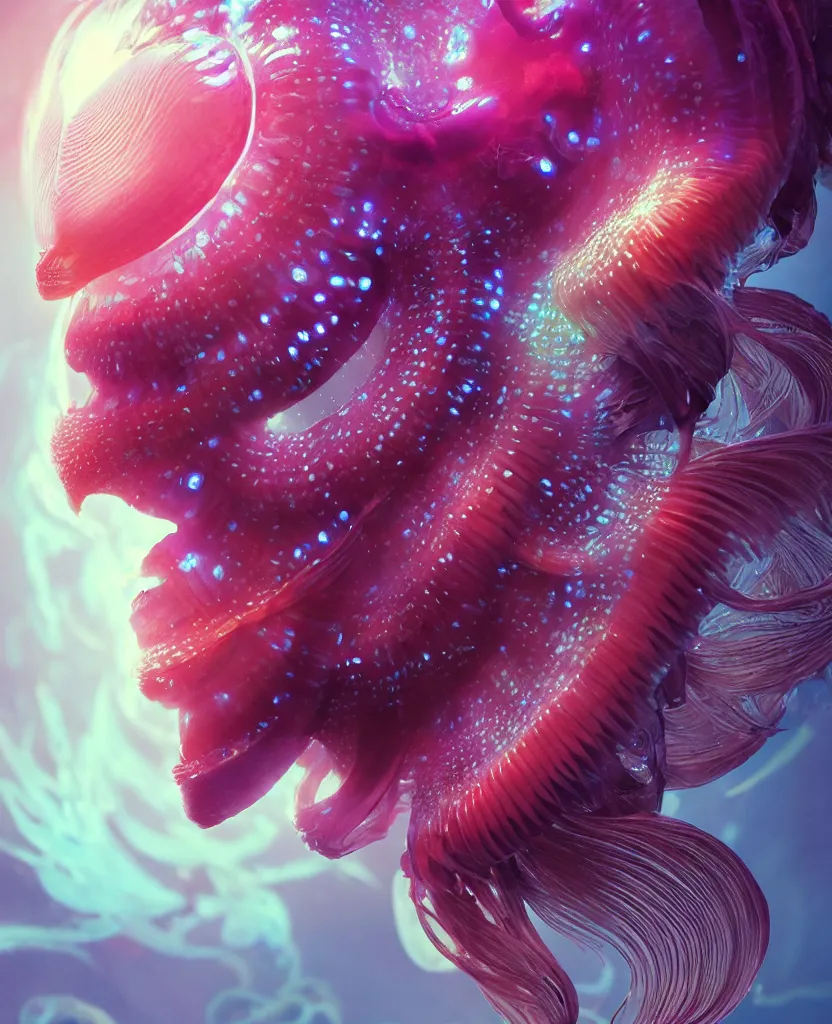 Image similar to goddess close-up portrait. chimera orchid jellyfish phoenix head, nautilus, skull, betta fish, bioluminiscent creatures, intricate artwork by Tooth Wu and wlop and beeple. octane render, trending on artstation, greg rutkowski very coherent symmetrical artwork. cinematic, hyper realism, high detail, octane render, 8k