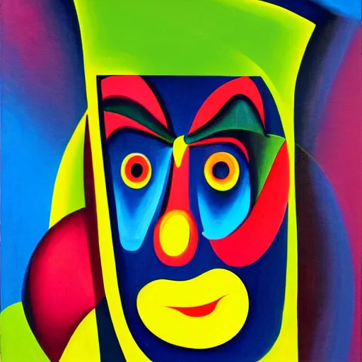 Prompt: avant - garde cubist painting of an enlightened glowing alien clown