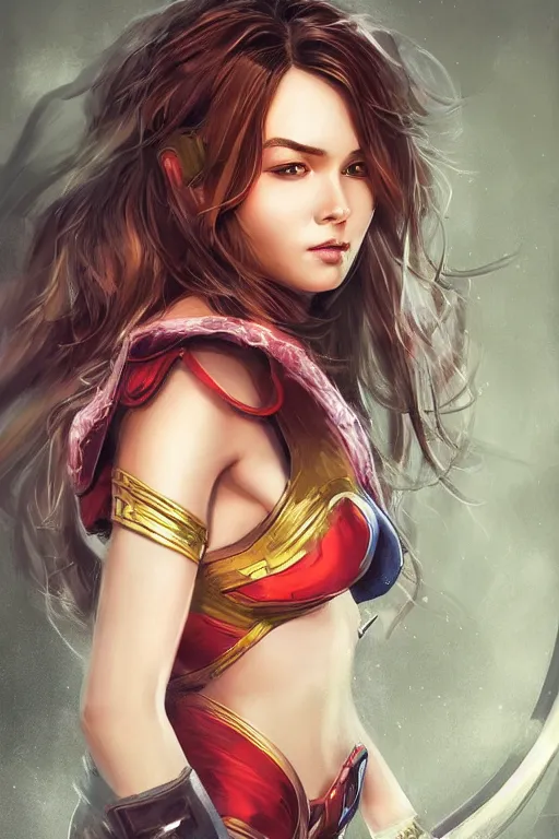 Image similar to three quarters portrait of a beautiful woman,super hero costume,heroic pose,highly detailed, digital painting,illustration, art by Stanley Lau