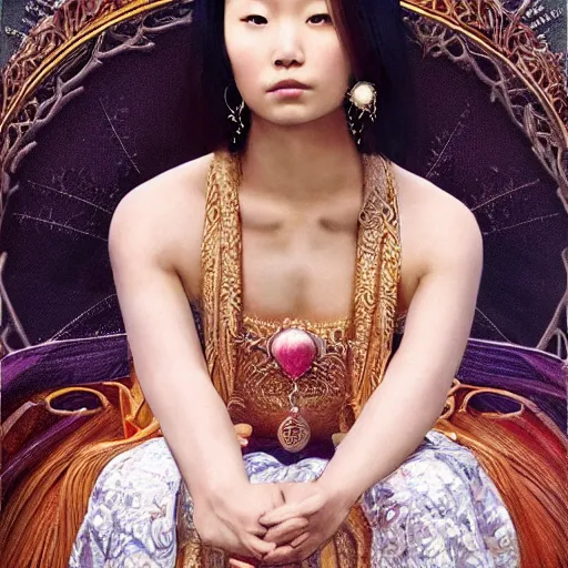 Prompt: a young asian woman with shoulder length hair and strong facial bone structure, queen and ruler of the universe, sitting on her throne, young handsome caucasian men kneeling at her feet, digital painting, highly detailed, intricate, elegant, trending on artstation, art by greg rutkwowski, artgerm, wlop, alphonse mucha