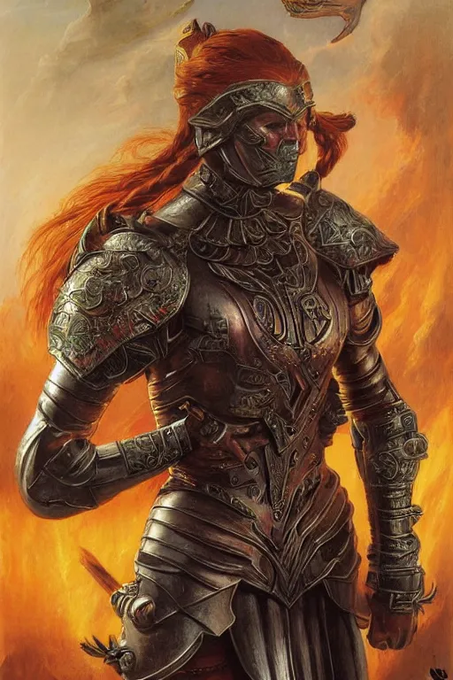 Image similar to beautiful female warrior, half body portrait, ginger hair, ornate armour, realistic oil painting by Thomas Cole and Wayne Barlowe