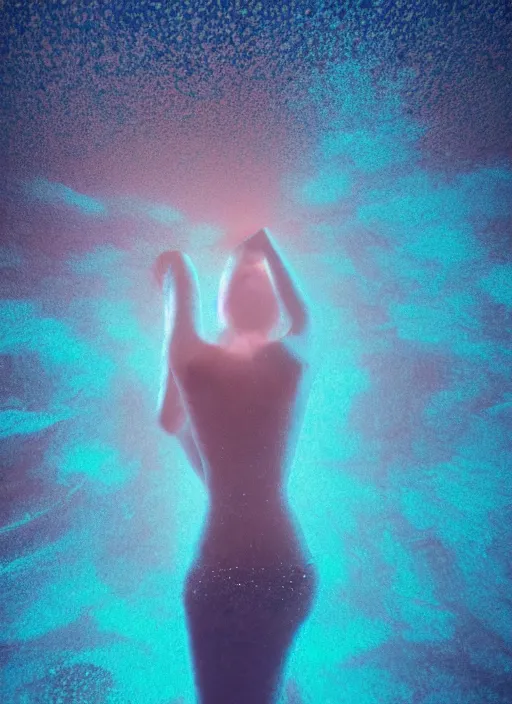 Prompt: crystallized human silhouette, large diffused glowing aura, long exposure, film grain, cinematic lighting, concept art, maximum detail, cgsociety, underwater, reflections, mirror