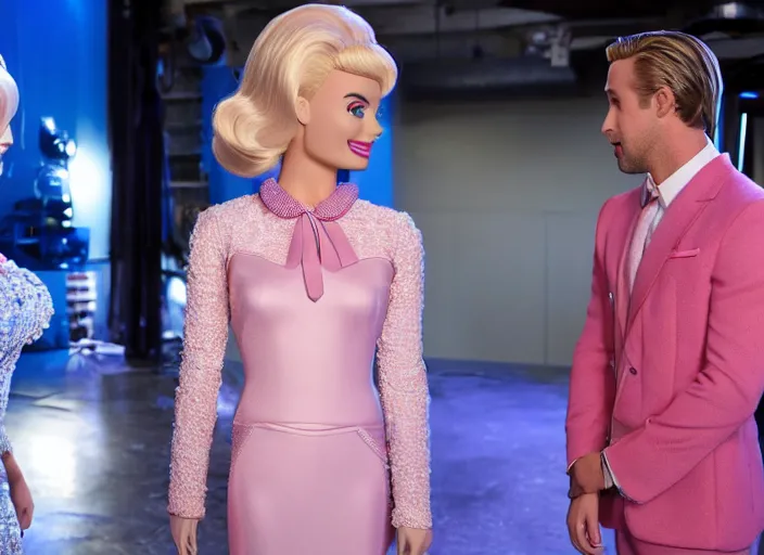 Image similar to a movie still of margot robbie as barbie. ryan gosling as ken doll. on the set of the new live action barbie movie.
