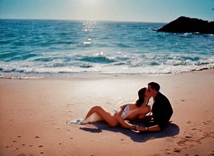 Prompt: A hyper realistic and detailed photography of a couple kissing from movie Here to Eternity, laying on secluded beach. by Cameron Hammond. 1955. Cinematic. Golden Hour. Kodak Portra 400. Lens flare. 35mm lens