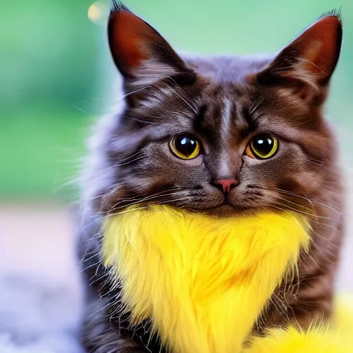 Prompt: a cat that looks like pikachu, yellow fur, yellow fur, cute, cute, cute