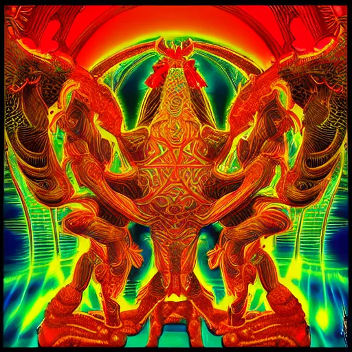 Prompt: three - headed robotic flaming hell rooster, sacred geometry, psychedelic, apotheosis, in the style of alex grey