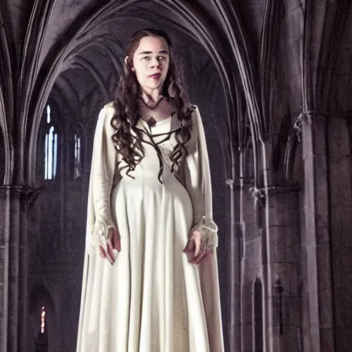 Image similar to emilia clarke as a vampire in a gloomy gothic cathedral at night