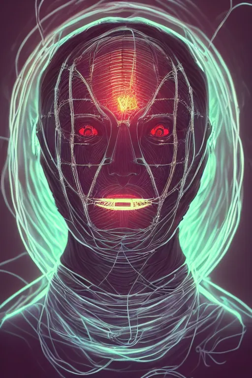 Prompt: organic cyborg head wrapped in barb wire by Jamie Coreth, trending on artstation, centered, symmetrical, cinematic lighting, hologram colors, bilateral symmetry, 80s poster, polished, thick smoke, retro dark vintage sci-fi, 2D matte illustration