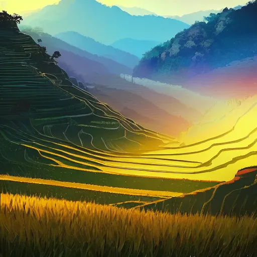 Image similar to beautiful scenery of rice terraces, by anato finnstark, by alena aenami, by john harris, by ross tran, by wlop, by andreas rocha