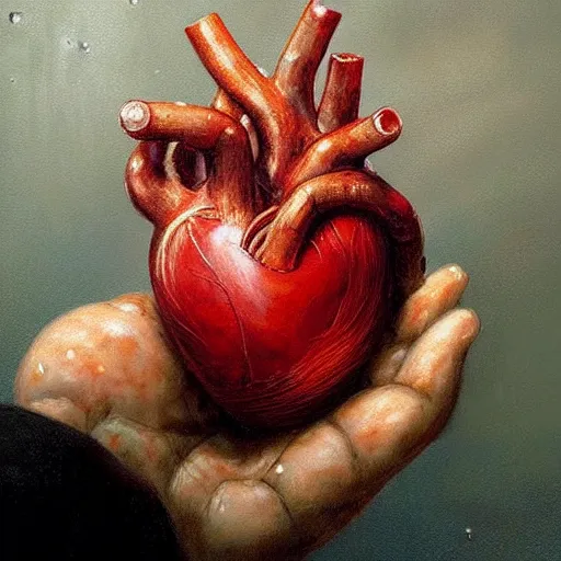 Prompt: a realistic anatomical human heart placed inside a small glass box held in the palms of my hands, raindrops, rain splashing, painting by Esao Andrews