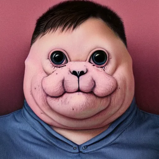 Image similar to detailed rendering of a pink chubby stuffed animal with dark blue shirt, gray triangle in face, by esao andrews, by james jean, humorous illustration, hyperrealistic, big depth of field, brilliant colors, 3 d octane render, 4 k, conceptart, hyperdetailed, trending on artstation