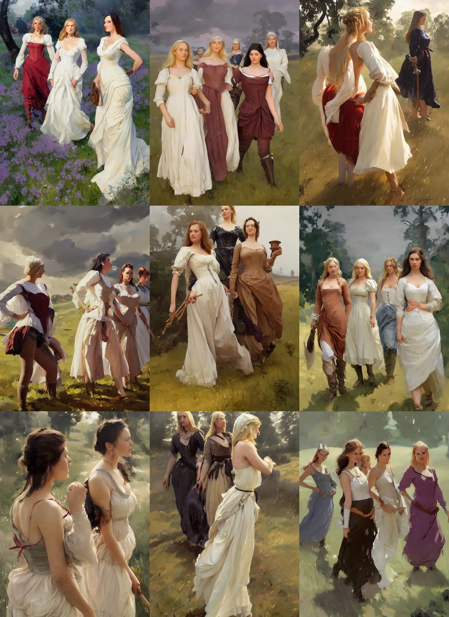 Prompt: group of beautiful finnish norwegian swedish scandinavian attractive glamour models wearing 1 7 th century bodice with low neckline walking in the field in heavy rain, jodhpurs greg manchess painting by sargent and leyendecker, studio ghibli fantasy medium shot asymmetrical intricate elegant matte painting illustration hearthstone, by greg rutkowski by greg tocchini by james gilleard