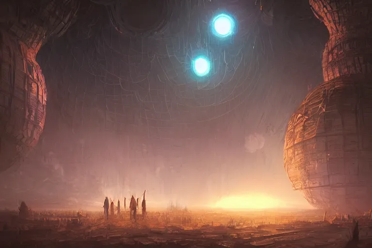 Image similar to D&D party faces a giant Dyson Sphere Megastructure Ominously Glowing, digital art, dark atmosphere by Marby Kwong, (((((((Makoto Shinkai Raphael Lacoste Martin Deschambault Finnian MacManus ArtStationhq IAMAG