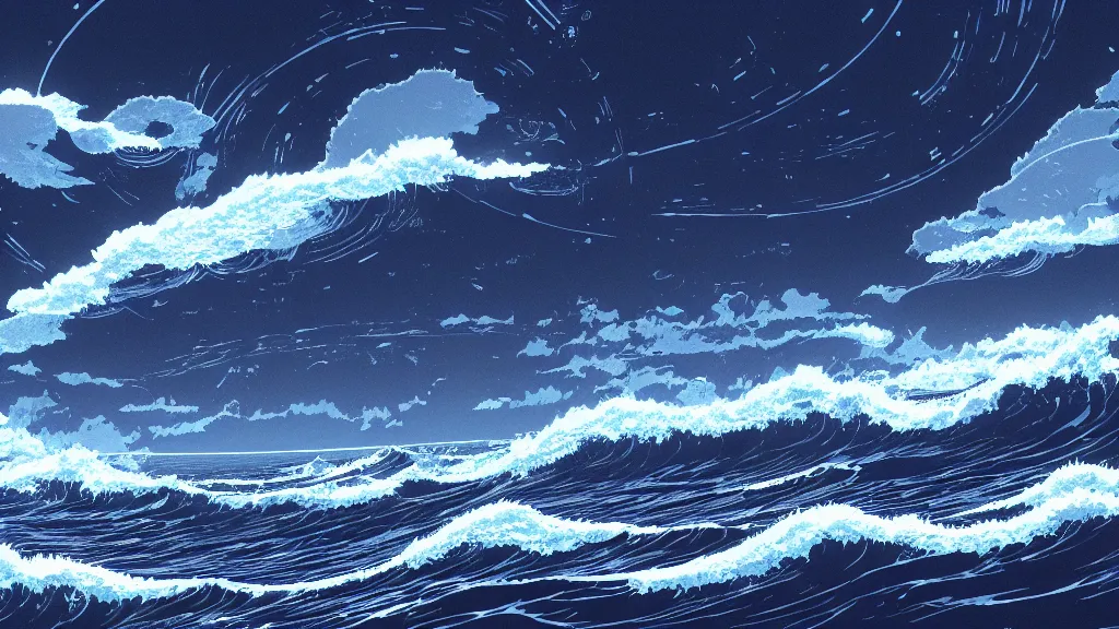 Image similar to highly detailed illustration of high exposure ocean waves at night by makoto shinkai, by nico delort, by dan mumford, by otomo, 4 k resolution