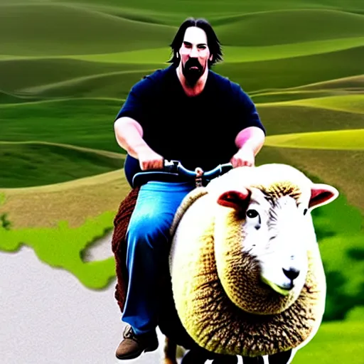 Image similar to morbidly obese keanu reeves riding a texel sheep, photo, detailed, 4 k