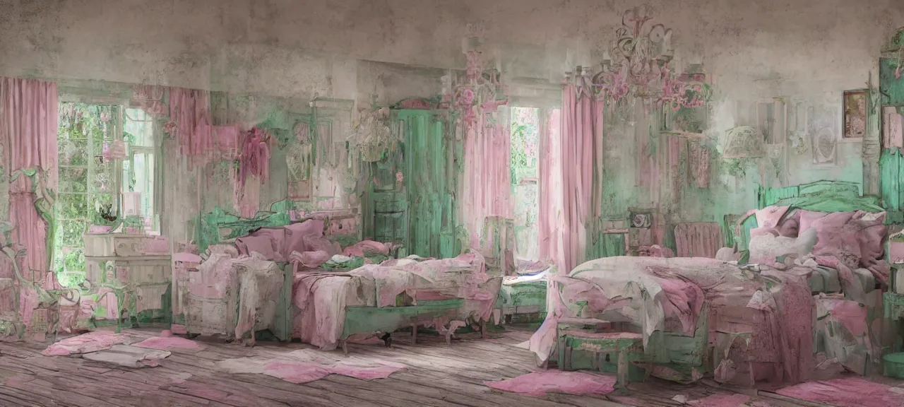 Image similar to Shabby-chic style room with distressed furniture and pastel colors, pleasant interior design, pink and green colors, Tropical interior lighting, rural view, pleasant design, messy, style of Elizabethan, 4k, wide perspective, grand composition, concept art, highly detailed, sublime, dramatic, cinematic, octane