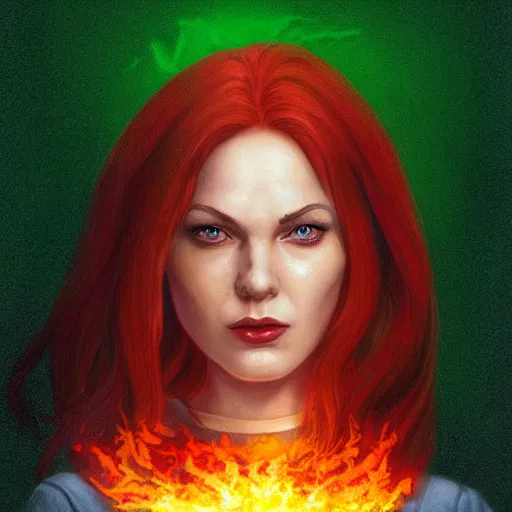 Image similar to jean grey, a full body portrait of jean grey, green eyes, red hair, phoenix rising, flames, comic, x - men, highly detailed, artstation, deviantart, symetry, digital painting, vivid colors, realistic shaded perfect face, volumetric lighting, atmospheric, sharp focus, moody, art by artgerm and greg rutkowski, 8 k