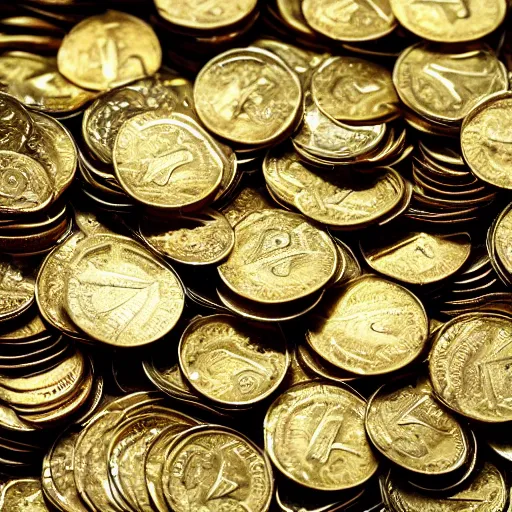 Image similar to millions of gold coins in a pile on top of a hill