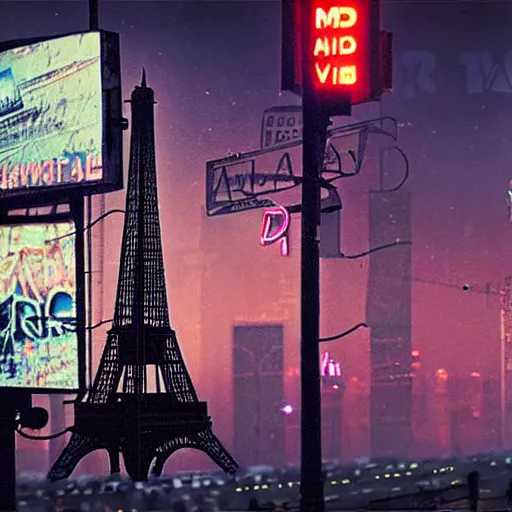 Image similar to A beautiful intricate 8K award-winning ground-level cinematic movie photograph of the future destroyed and decaying Eiffel Tower, surrounded by neon and broken corporate video billboard displays. in the year 2050, by Bruno Delbonnel and greg rutkowski. Arri Alexa 65, IMAX 70mm footage. Dirty billboards. Cinematic lighting