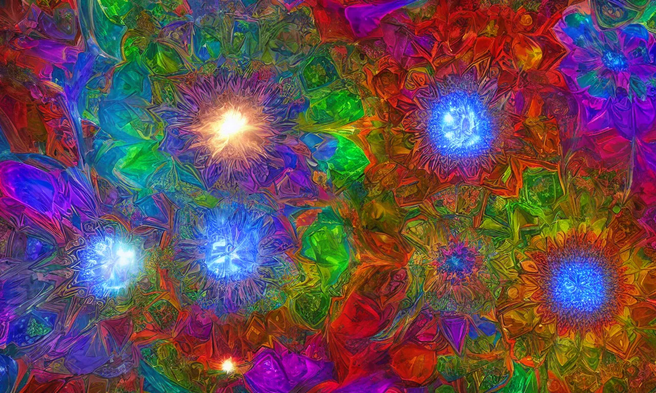 Image similar to voronoi engine laboratory 3 d volume kaleidoscope mandala fractal chakra digital multicolor stylized concept substance liquid nebula stone, a spectacular view cinematic rays of sunlight comic book illustration, by john kirby radiating a glowing aura global illumination ray tracing hdr depth fog overlay multiply photoshop layer