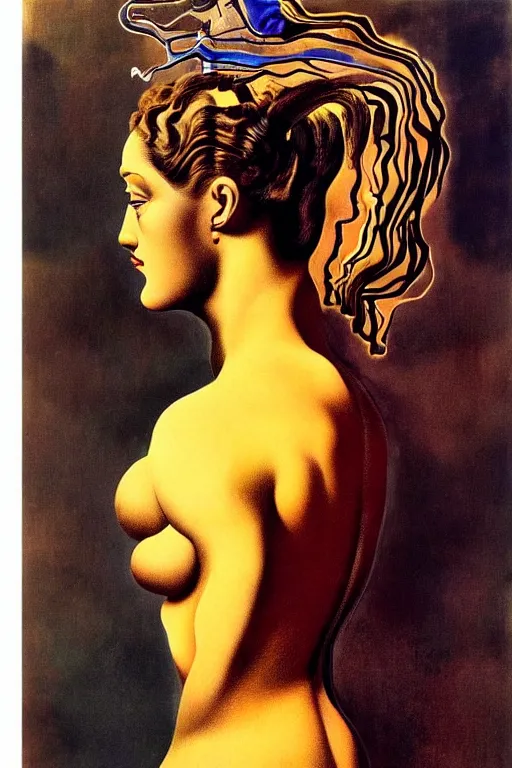 Image similar to beautiful woman by salvador dali, intricated details, 3 / 4 back view, hair styled in a bun, bendover posture, full body portrait, bright design, drips, autumn lights