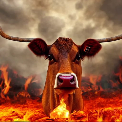 Image similar to a cow in hell, surrounded by fire, realistic render
