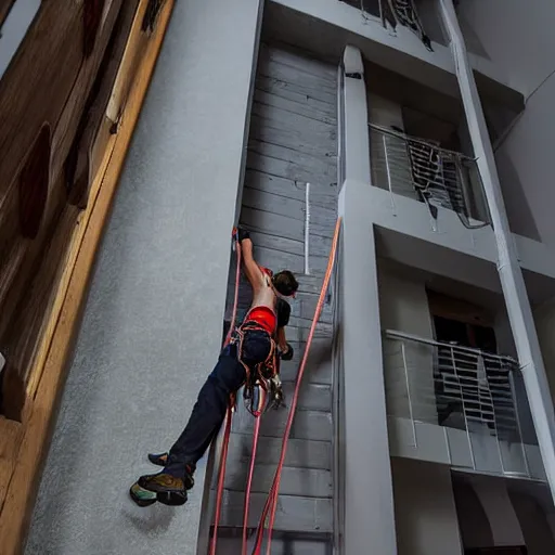 Image similar to A climbing expedition climbing the stairs of a regular apartment building. They are using ropes, pickaxes and other professional climbing gear in order to climb the stairs. Photograph, f/8, room lighting, indoor