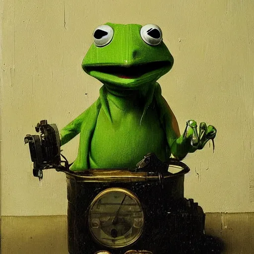 Prompt: a fineart still life painting of a cyberpunk kermit the frog. Oil on canvas, by Willem Kalf.