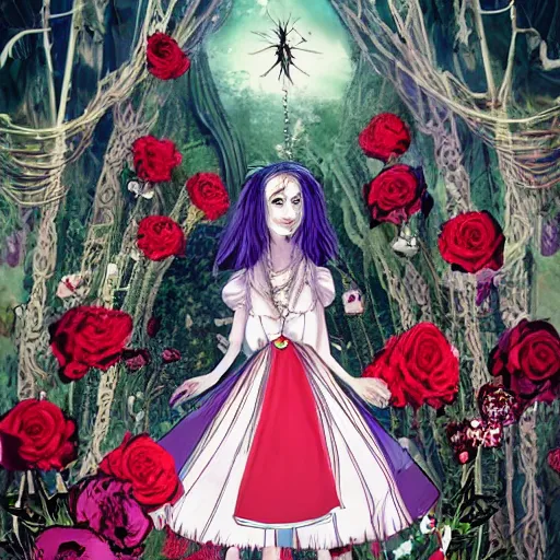 Image similar to Alice in Wonderland at the tea party, she looks like a mix of Grimes and zoë kravitz, very long fingernails, childlike, hair and dress billowing dramatically in the wind, wearing heaving stacks of pearl necklaces, surrounded by red and white roses, digital illustration, inspired by a stylistic blend of Aeon Flux, Japanese shoujo manga, and John singer Sargent paintings, hyper detailed, dreamlike, otherworldly and ethereal!!!!! delicate, flower petals, super photorealistic!! extremely fine inking lines, gradient colors