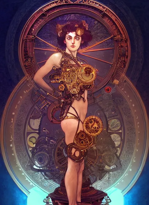 Prompt: the goddess artemis smirking, mechanical owl perched on shoulder, steampunk, glowing eyes, volumetric lights, red and cyan theme, art nouveau botanicals, intricate, highly detailed, digital painting, artstation, concept art, smooth, sharp focus, cinematic, illustration, beautiful face, art by artgerm and greg rutkowski and alphonse mucha