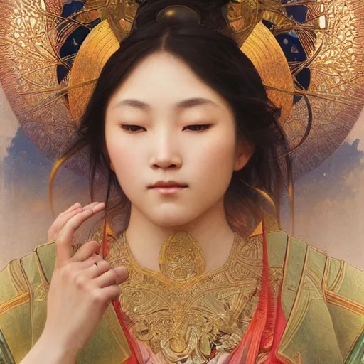 Prompt: portrait of asian goddess, intricate, elegant, highly detailed, digital painting, artstation, concept art, smooth, sharp focus, illustration, art by artgerm and greg rutkowski and alphonse mucha and william - adolphe bouguereau