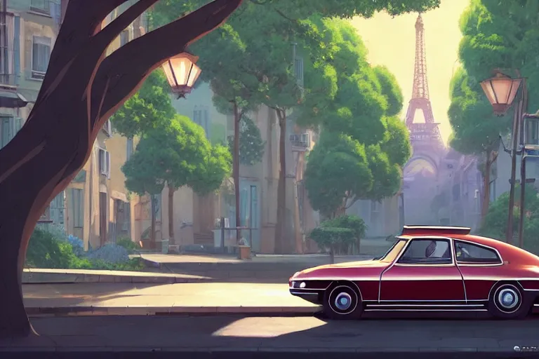 Image similar to a wholesome animation key shot of!! one!! focused!! 1 9 7 4 citroen ds!! in a tree lined beautiful paris street, medium shot, studio ghibli, ( pixar ) and disney animation, sharp, very detailed, high resolution, rendered in unreal engine 5, anime key art by greg rutkowski, bloom, dramatic lighting