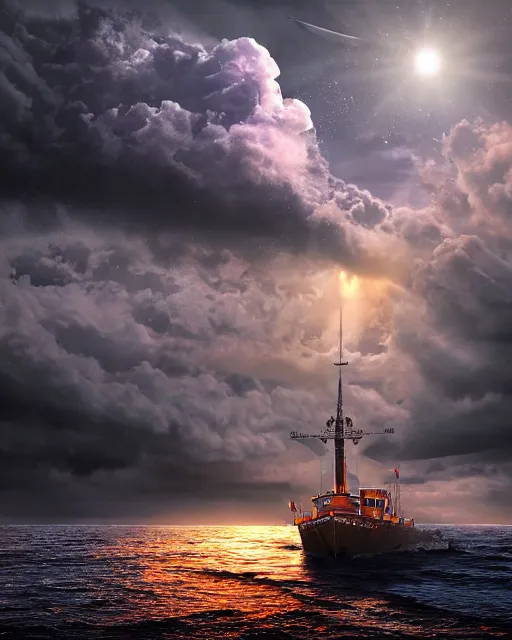 Prompt: a fishing boat on stormy seas, a gigantic star destroyer spaceship with orange lights flying overhead, the gigantic star destroyer spaceship is emerging from storm clouds, sunset lighting, stormy weather, dramatic lighting, unreal engine, hyper realism, realistic shading, cinematic composition, realistic render, octane render, detailed textures, photorealistic, ultrawide shot, 1 6 mm lens