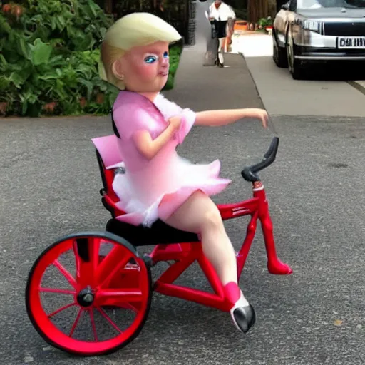 Prompt: donald trump in a ballerina in a tricycle, crying, 4k hd