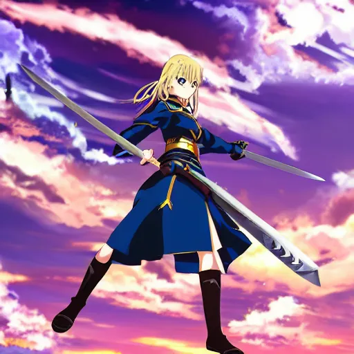 Image similar to key anime visual of a battle maiden dressed like saber, dynamic pose, dramatic pose, shield and sword, sky background.